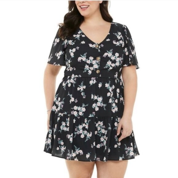 EVRI Black Tired Floral Front Button Tiered Flutter Sleeve Dress 1X - Picture 1 of 7
